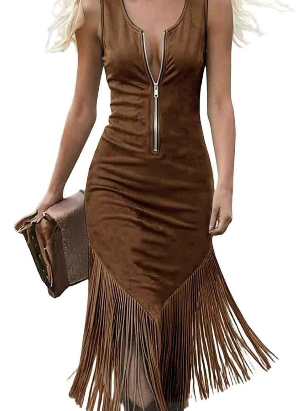 Brown Sleeveless Fringe Midi Dress with Front Zip